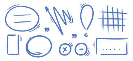 Hand drawn underlines, speech bubbles, arrows, strokes, check marks, spiral. Sketch emphasis by pen, pencil or marker. blue design elements set. vector