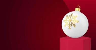 White Christmas ornament with a gold snowflake popping up on a red backdrop video