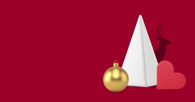 Holiday decorations with white tree and red heart appear on red background video