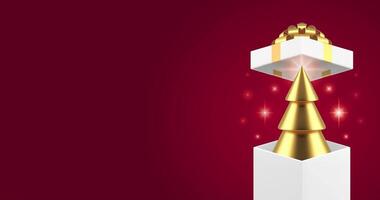 Gift Box With a Golden Christmas Tree Opens on a Red Background 3D Animation video