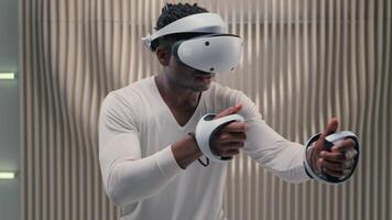 3d world African American man male guy play VR helmet virtual augmented reality futuristic online Internet technology futurism cyber game addicted interface playing metaverse artificial intelligence video