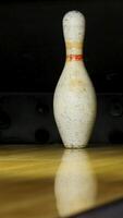 Red ball hitting the only skittle on the playing field, activity concept. Media. Close up for one last old white pins standing on the wooden alley during the game. video