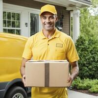 Delivery man with cardboard box. Delivery man in yellow uniform holds package and ready to deliver it to house photo