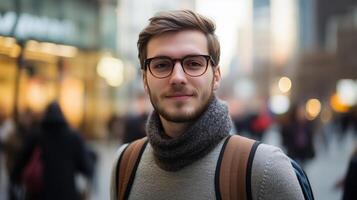 Young man wearing glasses and a scarf smiles confidently while walking in a busy urban area during sunset photo