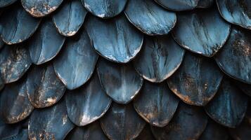 Intricate detail of dark blue scales arranged in overlapping patterns for artistic texture and depth in natural forms photo
