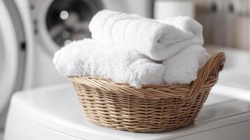 Soft white towels neatly stacked in a wicker basket on a laundry machine in a well-lit laundry room photo