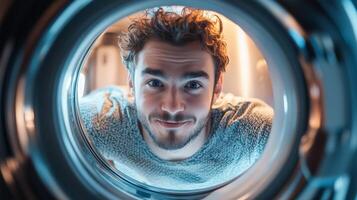Young man smiling from inside a washing machine drum at home during daylight hours, showcasing a playful moment photo