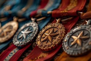 Medals displayed in a row showcasing intricate designs and vibrant ribbons, representing various achievements from different events photo