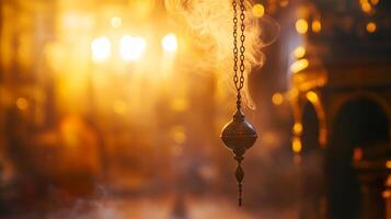 An ornate incense burner releasing fragrant smoke in a softly lit temple during an evening prayer session photo