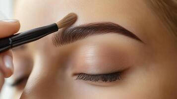 Applying makeup with precision on perfectly shaped eyebrows in a well-lit beauty studio during a skincare routine photo