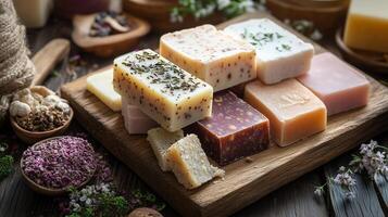Artisan soap bars displayed on a wooden board surrounded by natural ingredients and herbs in a warm, inviting setting photo