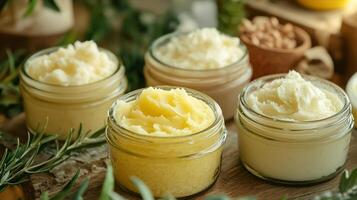 Variety of natural body butters displayed in small jars, arranged beautifully with herbs and nuts on a wooden surface photo