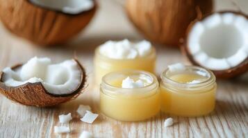 Coconut half shells with fresh coconut pieces and jars of natural coconut oil on wooden table in a bright kitchen setting photo