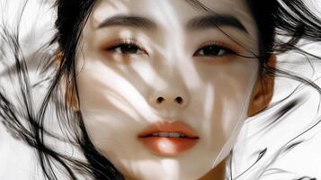 A close-up portrait of a woman with flowing hair illuminated by soft light creating artistic shadow patterns photo