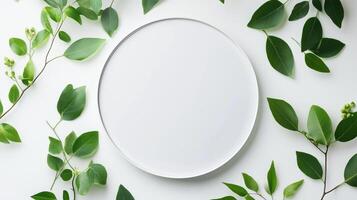 A clean, round plate surrounded by fresh green leaves on a light background in a bright, airy setting photo