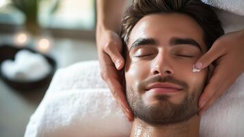 Relaxing facial treatment for a young man at a tranquil spa during a rejuvenating afternoon session photo