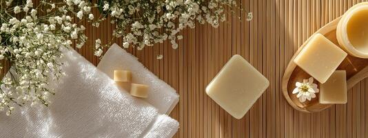 Natural handmade soap arranged on bamboo mat with white flowers and a towel, creating a calm spa-like atmosphere photo