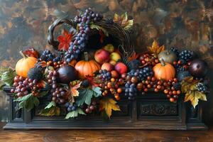 Autumn centerpiece featuring vibrant pumpkins, apples, grapes, and colorful leaves arranged in a rustic basket on a wooden table photo