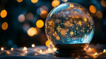A beautifully illuminated snow globe featuring golden stars and celestial patterns, glowing warmly against a backdrop of festive lights photo