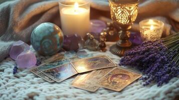 A serene tabletop setup featuring tarot cards, candles, crystals, and lavender in soft natural light during evening hours photo