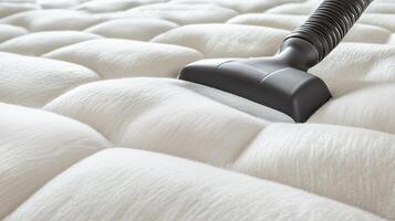 Cleaning a mattress with a vacuum cleaner to maintain hygiene and extend its lifespan in a cozy bedroom setting photo