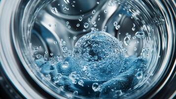 Bubbles and water swirl around a blue cloth in a washing machine during a spin cycle photo