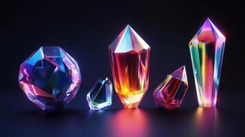 Colorful crystals displaying various shapes and sizes arranged on a dark background, reflecting light in vibrant patterns photo