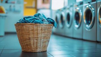 A wicker basket filled with laundry sits in a modern laundromat with washing machines ready for use during the day photo