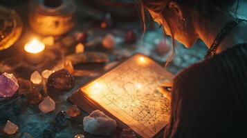 A woman studies an ancient astrological chart surrounded by crystals and candles in a mystical setting during twilight photo