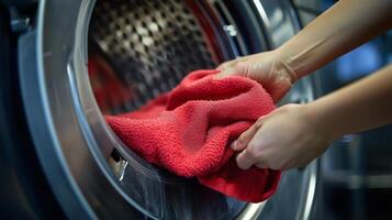 Person removing a red towel from a washing machine in a laundry room during the day, showcasing routine laundry tasks photo