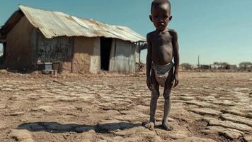 A young boy stands in front of a small hut in a barren desert video