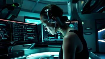 A woman is sitting in front of a computer monitor with a headset on her head video