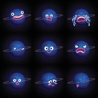 Funny cartoon illustration of planet Neptune with different expressions. Smiling surprised crying sad happy angry confused blushing sleeping faces emojis. Flat colors vector
