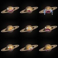 Funny cartoon illustration of planet Saturn with different expressions. Smiling surprised crying sad happy angry confused blushing sleeping faces emojis. Flat colors vector