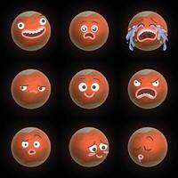 Funny cartoon illustration of planet Mars with different expressions. Smiling surprised crying sad happy angry confused blushing sleeping faces emojis. Flat colors vector