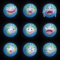 Funny cartoon illustration of planet Earth with different expressions. Smiling surprised crying sad happy angry confused blushing sleeping faces emojis. Flat colors vector