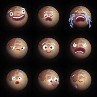 Funny cartoon illustration of Pluto with different expressions. Smiling surprised crying sad happy angry confused blushing sleeping faces emojis. Flat colors vector