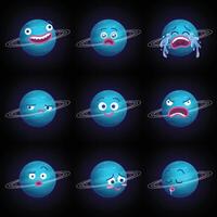 Funny cartoon illustration of planet Uranus with different expressions. Smiling surprised crying sad happy angry confused blushing sleeping faces emojis. Flat colors vector