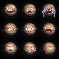 Funny cartoon illustration of planet Jupiter with different expressions. Smiling surprised crying sad happy angry confused blushing sleeping faces emojis. Flat colors vector