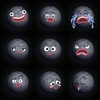 Funny cartoon illustration of the Moon with different expressions. Smiling surprised crying sad happy angry confused blushing sleeping faces emojis. Flat colors vector