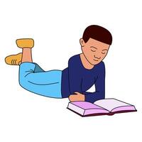 Boy is reading a book in flat technique vector