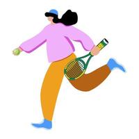 Tennis player runs with a racket and a tennis ball in flat style vector