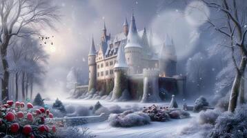 une neigeux scène avec une château, des arbres, et des buissons en dessous de une crépuscule ciel, création une magique hiver atmosphère video