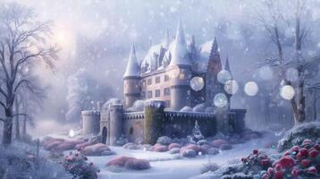 A snowy scene with a castle, trees, and bushes under a twilight sky, creating a magical winter atmosphere video