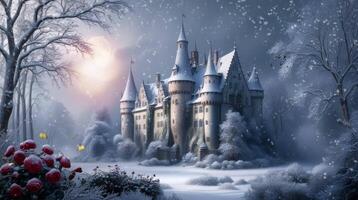 une neigeux scène avec une château, des arbres, et des buissons en dessous de une crépuscule ciel, création une magique hiver atmosphère video