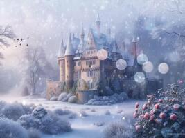 une neigeux scène avec une château, des arbres, et des buissons en dessous de une crépuscule ciel, création une magique hiver atmosphère video