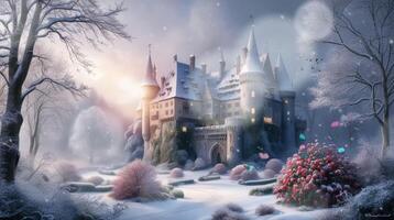 une neigeux scène avec une château, des arbres, et des buissons en dessous de une crépuscule ciel, création une magique hiver atmosphère video
