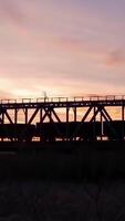 Panoramic view of train rides on rails through the bridge at sunrise. Timelapse. The train on the railway bridge video