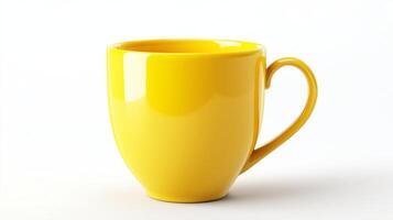 A bright yellow ceramic cup displayed against a simple white background highlighting its smooth surface and rounded shape photo