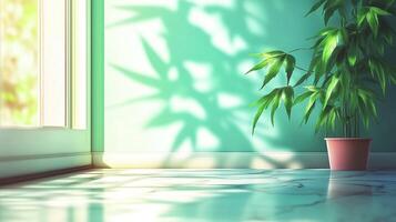Sunlight streaming through windows casts shadows of a potted plant on a polished floor in a serene indoor space photo